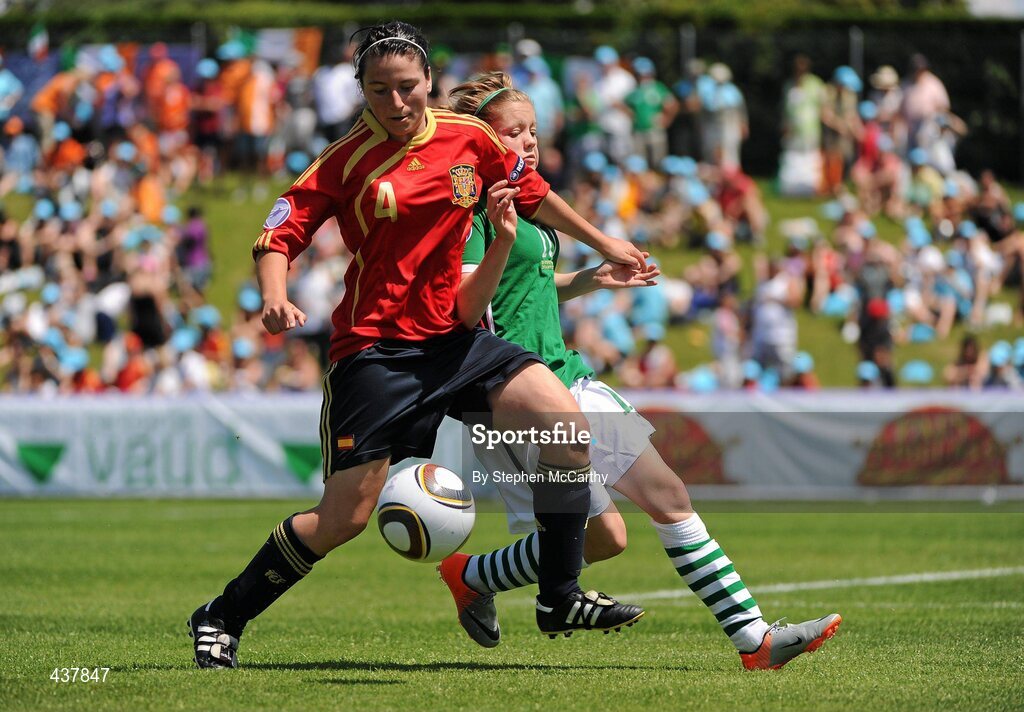 26 June 2010; Ivana Andrés, Spain, in action against Denise O'Sullivan, Republic of Ireland. UEFA Women's Under 17 Championship Final, Spain v Republic of Ireland, Colovray Sports Centre, Nyon, Switzerland. Picture credit: Stephen McCarthy / SPORTSFILE