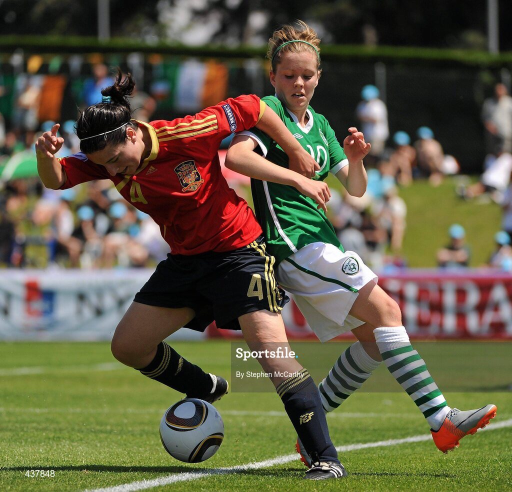 26 June 2010; Ivana Andrés, Spain, in action against Denise O'Sullivan, Republic of Ireland. UEFA Women's Under 17 Championship Final, Spain v Republic of Ireland, Colovray Sports Centre, Nyon, Switzerland. Picture credit: Stephen McCarthy / SPORTSFILE