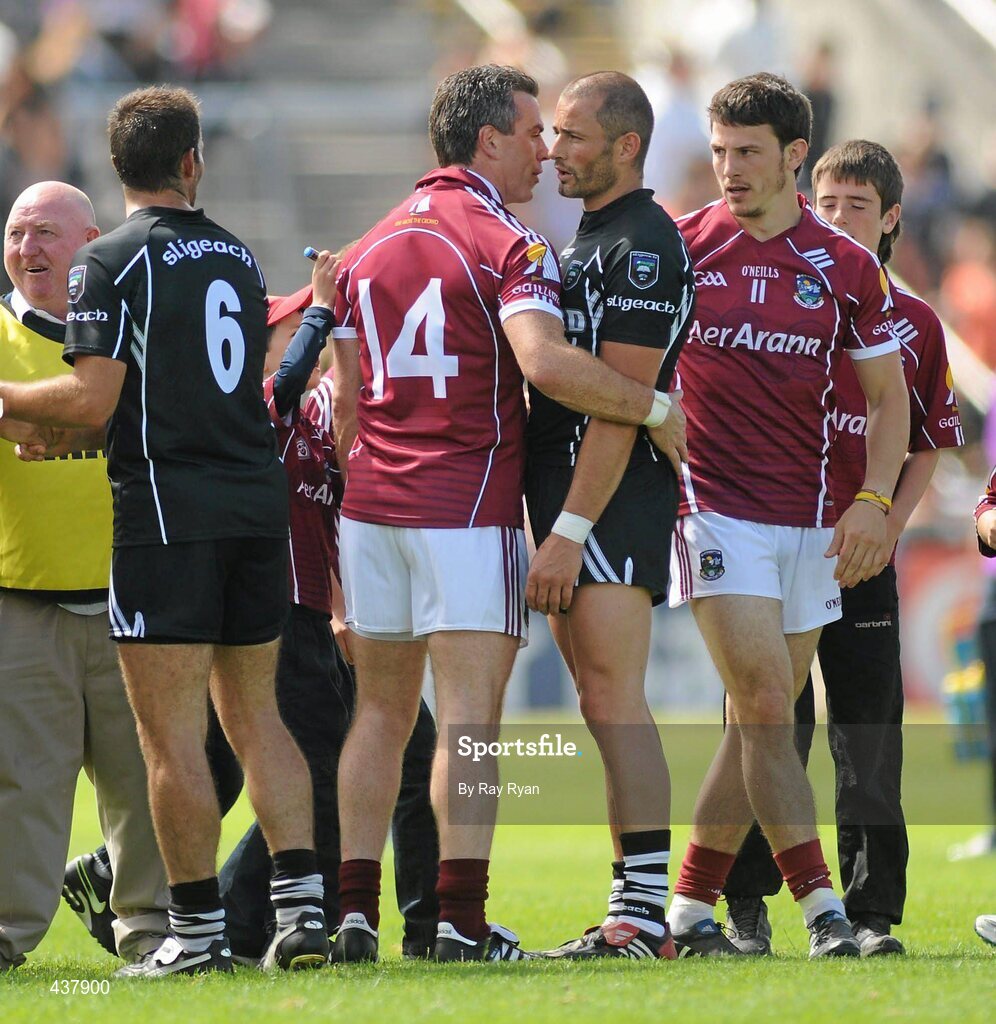 27 June 2010; Padraic Joyce, Galway, and Eamon O Hara, Sligo, after the game. Connacht GAA Football Senior Championship Semi-Final, Galway v Sligo, Pearse Stadium, Galway. Picture credit: Ray Ryan / SPORTSFILE