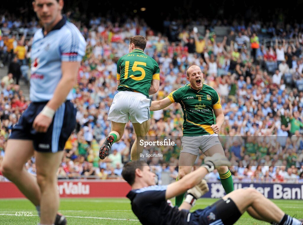 27 June 2010; Stephen Bray, left, Meath, celebrates after scoring his side's first goal with team-mate Joe Sheridan. Leinster GAA Football Senior Championship Semi-Final, Meath v Dublin, Croke Park, Dublin. Photo by Sportsfile