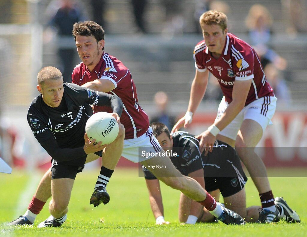 27 June 2010; Johnny Davey, Sligo, in action against Sean Armstrong, Galway. Connacht GAA Football Senior Championship Semi-Final, Galway v Sligo, Pearse Stadium, Galway. Picture credit: Ray Ryan / SPORTSFILE