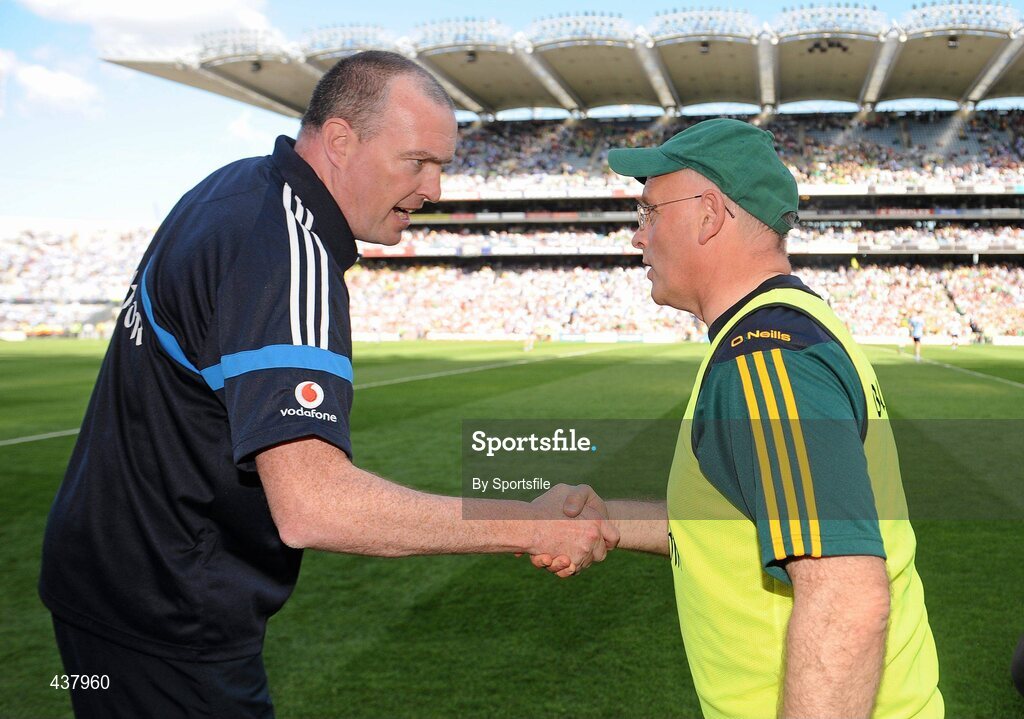 27 June 2010; Dublin manager Pat Gilroy, left, shakes the hand of Meath manager Eamon O'Brien at the end of the game. Leinster GAA Football Senior Championship Semi-Final, Meath v Dublin, Croke Park, Dublin. Photo by Sportsfile