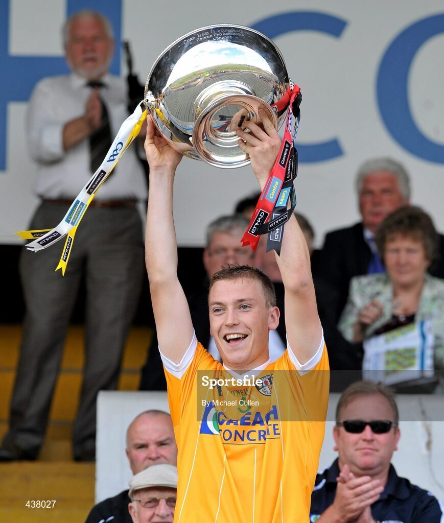 27 June 2010; Antrim captain Paul Shields lifts the cup. Ulster GAA Hurling Senior Championship Final, Antrim v Down, Casement Park, Belfast. Picture credit: Michael Cullen / SPORTSFILE