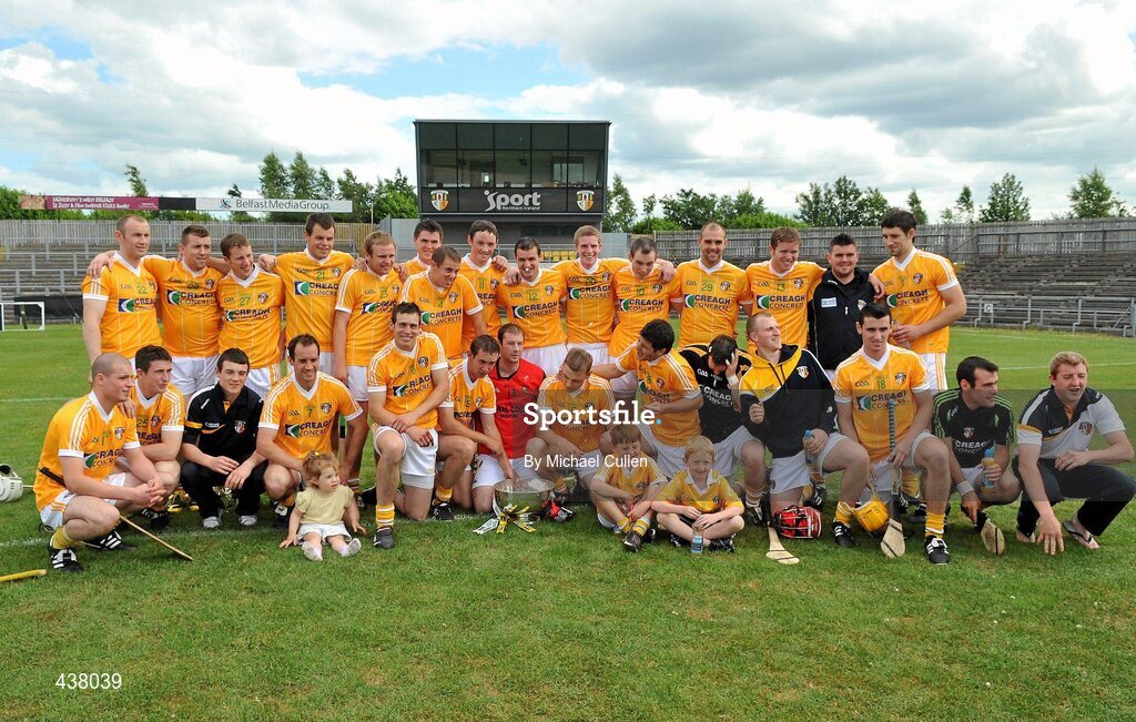 27 June 2010; The Antrim team celebrate with the cup. Ulster GAA Hurling Senior Championship Final, Antrim v Down, Casement Park, Belfast. Picture credit: Michael Cullen / SPORTSFILE