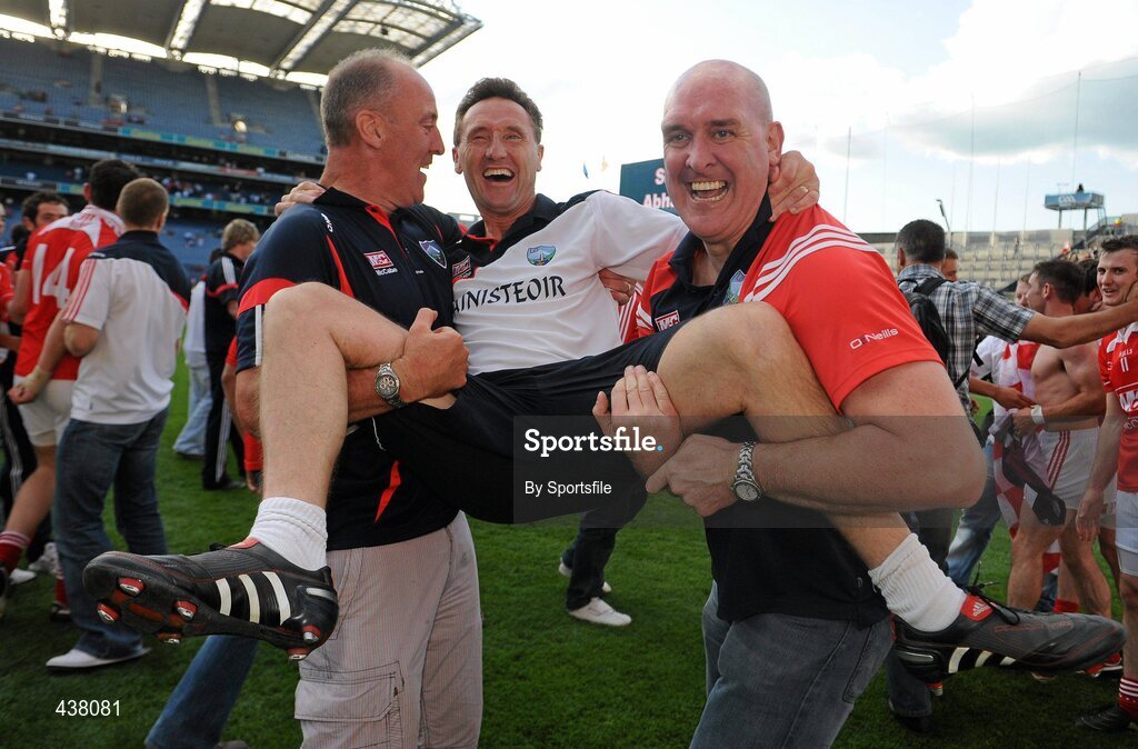 27 June 2010; Louth manager Peter Fitzpatrick is congratulated at the end of the game. Leinster GAA Football Senior Championship Semi-Final, Westmeath v Louth, Croke Park, Dublin. Photo by Sportsfile
