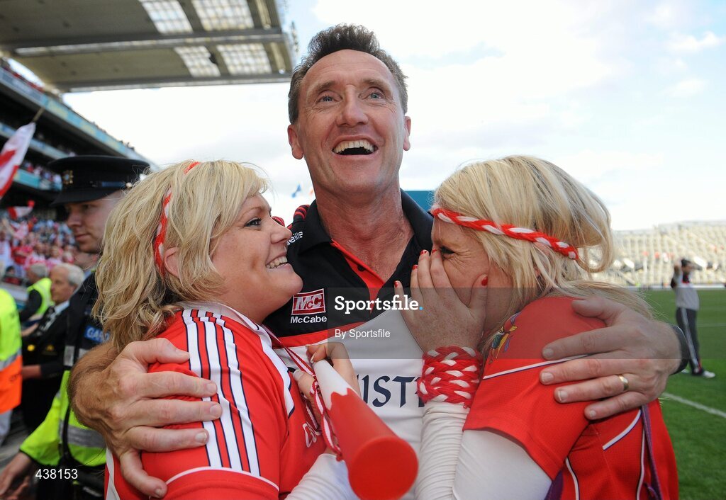 27 June 2010; Louth manager Peter Fitzpatrick celebrates with his daughters Grace and Daramay at the end of the game. Leinster GAA Football Senior Championship Semi-Final, Westmeath v Louth, Croke Park, Dublin. Photo by Sportsfile