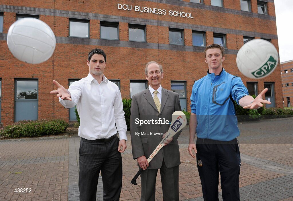 28 June 2010; Prof Bernard Pierce, Executive Dean DCU Business School, with Dublin footballer Ross McConnell and Meath footballer Kevin Reilly at the announcement of the DCU/GPA Scholarship for the Executive MBA Programme in Dublin City University, Glasnevin, Dublin. Picture credit: Matt Browne / SPORTSFILE