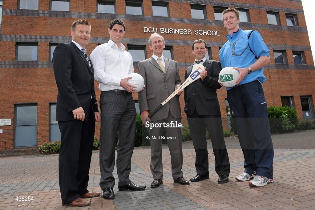28 June 2010; Prof Bernard Pierce, Executive Dean DCU Business School, centre, with from left Dessie Farrell, Chief Executive Officer, Gaelic Players Association, Dublin footballer Ross McConnell, Prof Colm O'Gorman, DUC, and Meath footballer Kevin Reilly, at the announcement of the DCU/GPA Scholarship for the Executive MBA Programme in Dublin City University, Glasnevin, Dublin. Picture credit: Matt Browne / SPORTSFILE