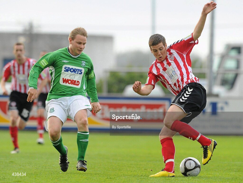 28 June 2010; Patrick McEleney, Derry City, in action against Stephen Brennan, Bray Wanderers. FAI Ford Cup Third Round Replay, Bray Wanderers v Derry City, Carlisle Grounds, Bray, Co. Wicklow. Photo by Sportsfile