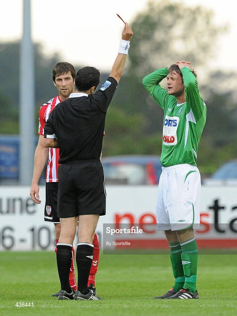 28 June 2010; Bray Wanderers' Dane Massey is shown the red card by referee Neil Doyle. FAI Ford Cup Third Round Replay, Bray Wanderers v Derry City, Carlisle Grounds, Bray, Co. Wicklow. Photo by Sportsfile
