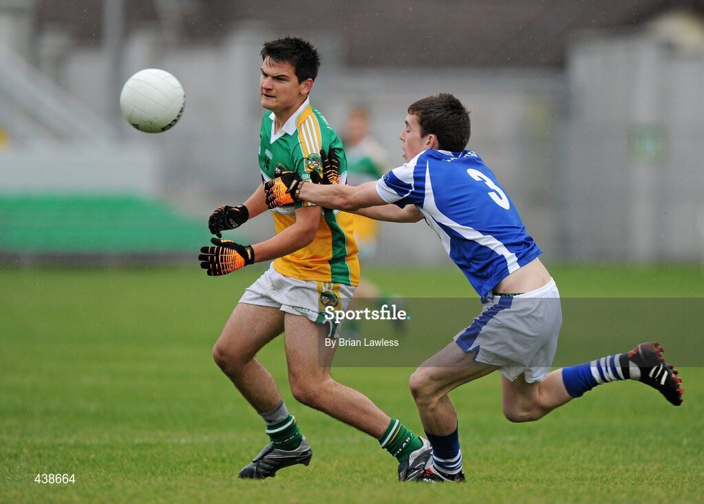 30 June 2010; Barry Cushen, Offaly, in action against Keith Bracken, Laois. ESB Leinster GAA Football Minor Championship Semi-Final, Offaly v Laois, O'Connor Park, Tullamore, Co. Offaly. Picture credit: Brian Lawless / SPORTSFILE