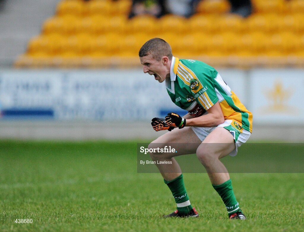 30 June 2010; Offaly's Cian Donohoe celebrates at the final whistle. ESB Leinster GAA Football Minor Championship Semi-Final, Offaly v Laois, O'Connor Park, Tullamore, Co. Offaly. Picture credit: Brian Lawless / SPORTSFILE