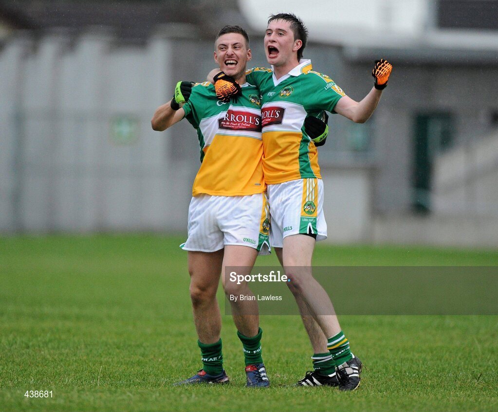 30 June 2010; Offaly's Derek Kelly, left, and David Hanlon, celebrate at the final whistle. ESB Leinster GAA Football Minor Championship Semi-Final, Offaly v Laois, O'Connor Park, Tullamore, Co. Offaly. Picture credit: Brian Lawless / SPORTSFILE