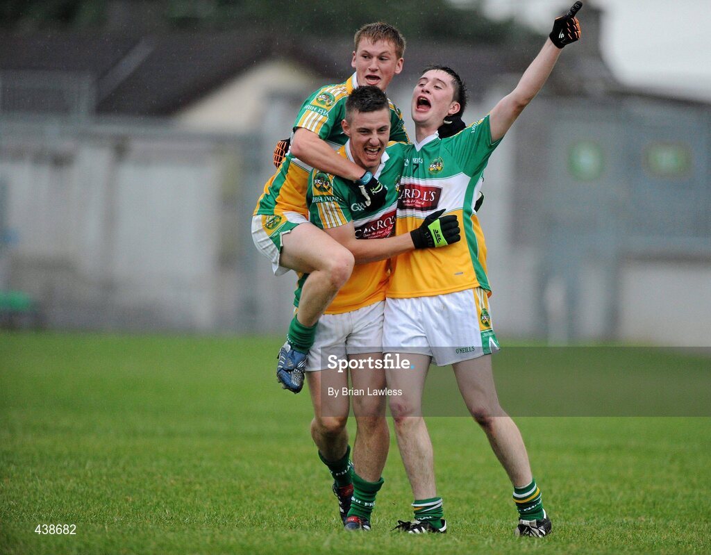30 June 2010; Offaly's Derek Kelly, centre, Declan Hogan, left, and David Hanlon, celebrate at the final whistle. ESB Leinster GAA Football Minor Championship Semi-Final, Offaly v Laois, O'Connor Park, Tullamore, Co. Offaly. Picture credit: Brian Lawless / SPORTSFILE