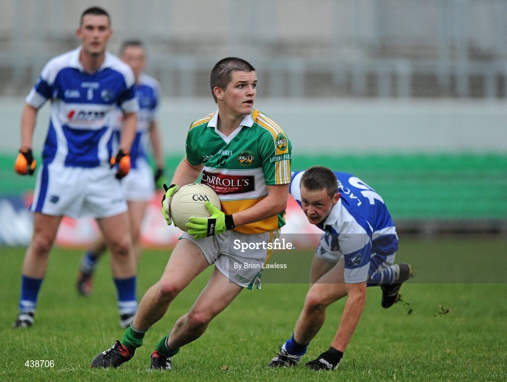 30 June 2010; Stuart Cullen, Offaly, in action against Damiean O'Connor, Laois. ESB Leinster GAA Football Minor Championship Semi-Final, Offaly v Laois, O'Connor Park, Tullamore, Co. Offaly. Picture credit: Brian Lawless / SPORTSFILE