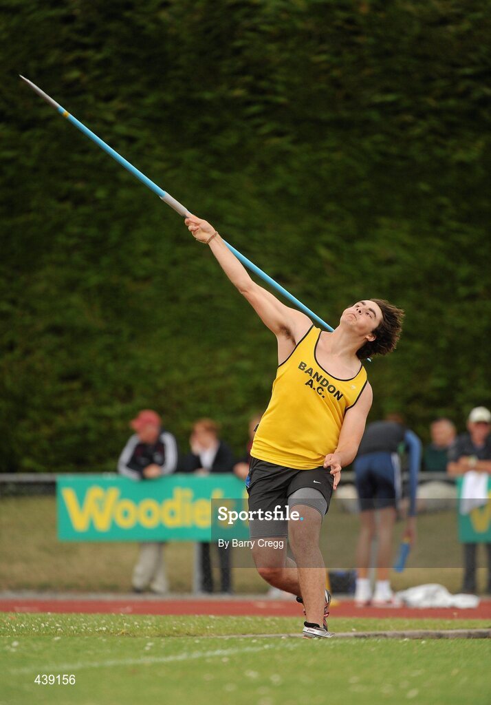 3 July 2010; David Reynolds, Bandon, Cork, in action, in the U-19 Boy's Javelin, during the Woodie's DIY AAI Juvenile Track & Field Championships. Tullamore Harriers Stadium, Tullamore, Co. Offaly. Picture credit: Barry Cregg / SPORTSFILE