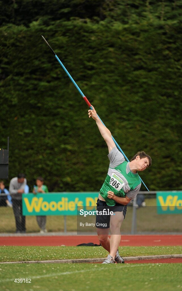 3 July 2010; Conal Campion, St. Andrews, in action, in the U-19 Boy's Javelin, during the Woodie's DIY AAI Juvenile Track & Field Championships. Tullamore Harriers Stadium, Tullamore, Co. Offaly. Picture credit: Barry Cregg / SPORTSFILE