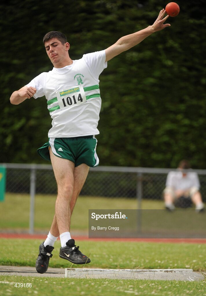 3 July 2010; Jason Mullins, Clonmel, Co. Tipperary, in action in the U-18 Boy's Shot Putt, during the Woodie's DIY AAI Juvenile Track & Field Championships. Tullamore Harriers Stadium, Tullamore, Co. Offaly. Picture credit: Barry Cregg / SPORTSFILE