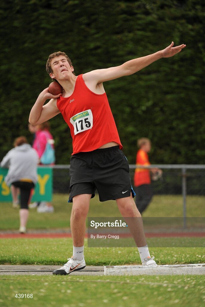 3 July 2010; Michael Kelly, Kildare, in action in the U-18 Boy's Shot Putt, during the Woodie's DIY AAI Juvenile Track & Field Championships. Tullamore Harriers Stadium, Tullamore, Co. Offaly. Picture credit: Barry Cregg / SPORTSFILE