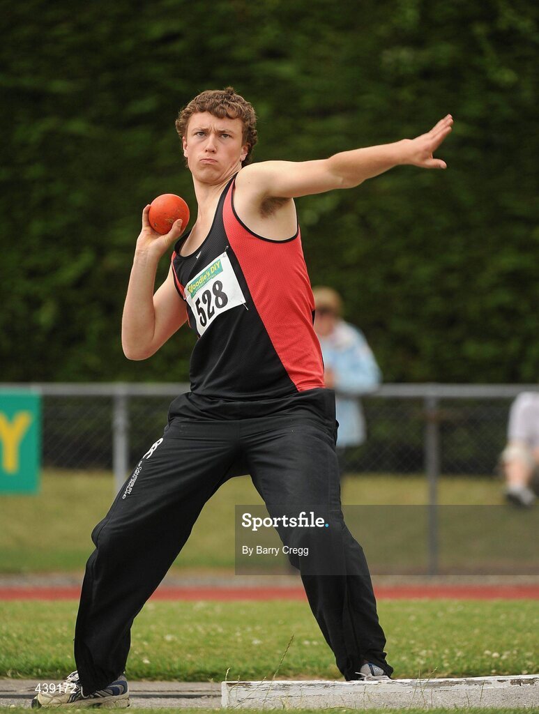 3 July 2010; David Sheperd, Regent House, in action in the U-18 Boy's Shot Putt, during the Woodie's DIY AAI Juvenile Track & Field Championships. Tullamore Harriers Stadium, Tullamore, Co. Offaly. Picture credit: Barry Cregg / SPORTSFILE