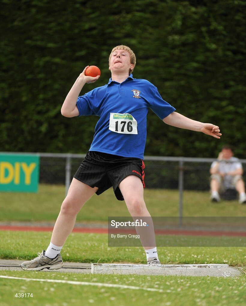 3 July 2010; Rory Hickey, St. Peters, in action in the U-18 Boy's Shot Putt, during the Woodie's DIY AAI Juvenile Track & Field Championships. Tullamore Harriers Stadium, Tullamore, Co. Offaly. Picture credit: Barry Cregg / SPORTSFILE