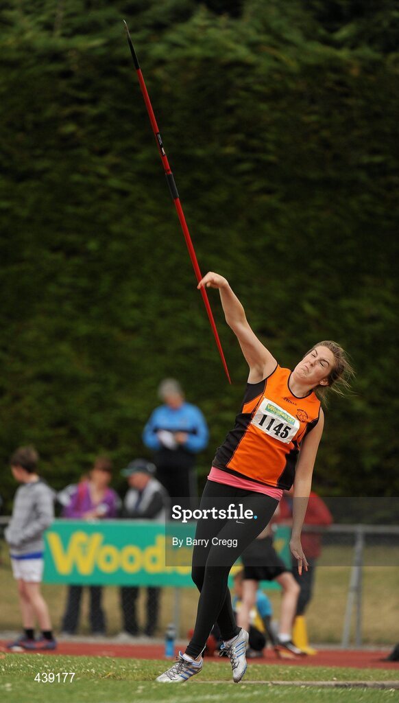 3 July 2010; Caroline Morgan, Nenagh, Co. Tipperary, in action, in the U-16 Girl's Javelin, during the Woodie's DIY AAI Juvenile Track & Field Championships. Tullamore Harriers Stadium, Tullamore, Co. Offaly. Picture credit: Barry Cregg / SPORTSFILE