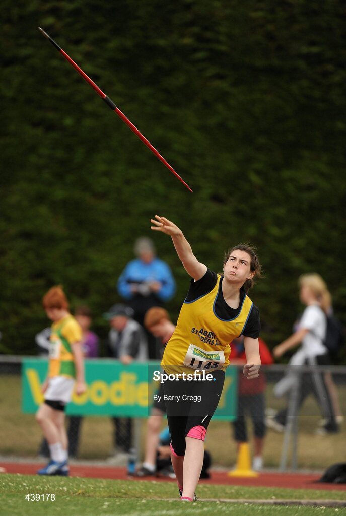 3 July 2010; Faye O' Brien, Youghal, Co. Cork, in action, in the U-16 Girl's Javelin, during the Woodie's DIY AAI Juvenile Track & Field Championships. Tullamore Harriers Stadium, Tullamore, Co. Offaly. Picture credit: Barry Cregg / SPORTSFILE