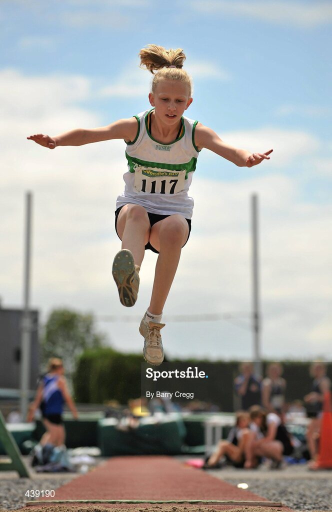 3 July 2010; Roisin Harrision, Emerald, in action in the U-15 Girls Long Jump, during the Woodie's DIY AAI Juvenile Track & Field Championships. Tullamore Harriers Stadium, Tullamore, Co. Offaly. Picture credit: Barry Cregg / SPORTSFILE