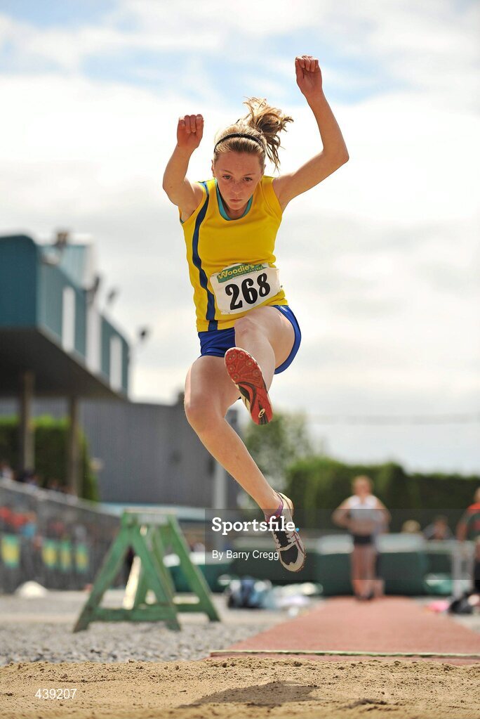 3 July 2010; Rebecca Carr, Blackrock, in action in the U-15 Girl's Long Jump, during the Woodie's DIY AAI Juvenile Track & Field Championships. Tullamore Harriers Stadium, Tullamore, Co. Offaly. Picture credit: Barry Cregg / SPORTSFILE
