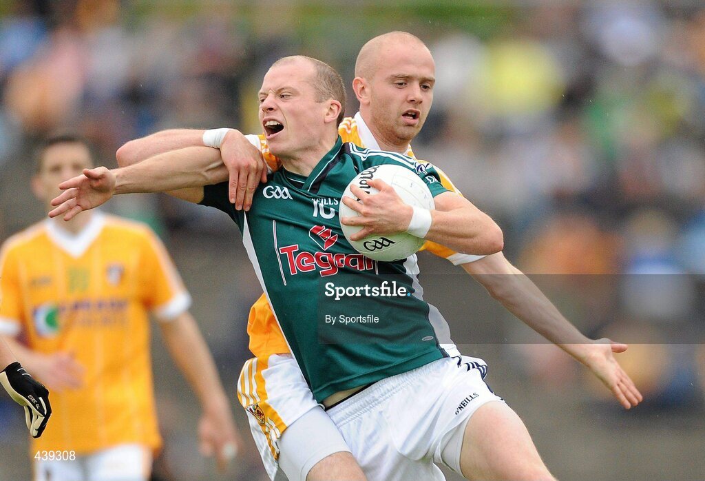 3 July 2010; James Kavanagh, Kildare, in action against Anto Healy, Antrim. GAA Football All-Ireland Senior Championship Qualifier Round 1 Replay, Antrim v Kildare, Casement Park, Belfast, Co. Antrim. Photo by Sportsfile