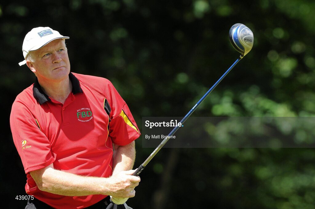 2 July 2010; Former Dublin footballer Barney Rock, from Stabannon Gaels GAA Club, watches his drive from the second tee box during the FBD All-Ireland GAA Golf Challenge 2010 Leinster Final. Palmerstown House Golf Club, Co. Kildare. Picture credit: Matt Browne / SPORTSFILE
