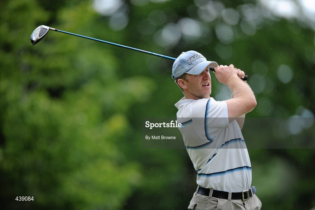 2 July 2010; Louth footballer Aaron Hoey, from St. Brides GAA Club, Co. Louth, watches his drive from the 6th tee box during the FBD All-Ireland GAA Golf Challenge 2010 Leinster Final. Palmerstown House Golf Club, Co. Kildare. Picture credit: Matt Browne / SPORTSFILE
