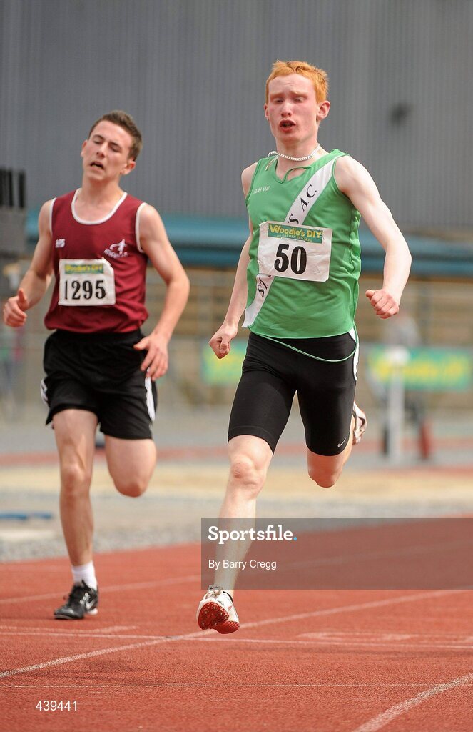 3 July 2010; Paul Manning, St. Joseph's, crosses the line ahead of Stephen Coleman, Athenry, Co. Galway, to win the U-14 Boy's 80m Final, during the Woodie's DIY AAI Juvenile Track & Field Championships. Tullamore Harriers Stadium, Tullamore, Co. Offaly. Picture credit: Barry Cregg / SPORTSFILE