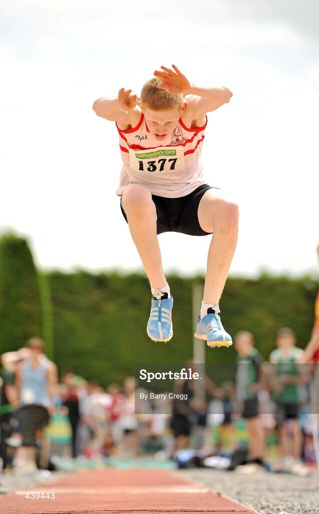 3 July 2010; Aaron Murtagh, Ballina, Co. Mayo, in action in the U-18 Boy's Triple Jump, during the Woodie's DIY AAI Juvenile Track & Field Championships. Tullamore Harriers Stadium, Tullamore, Co. Offaly. Picture credit: Barry Cregg / SPORTSFILE