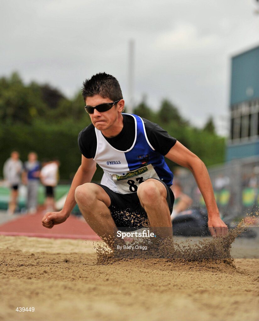 3 July 2010; Dean Power, Tullamore Harriers, Co.Offaly, in action in the U-15 Boy's Long Jump, during the Woodie's DIY AAI Juvenile Track & Field Championships. Tullamore Harriers Stadium, Tullamore, Co. Offaly. Picture credit: Barry Cregg / SPORTSFILE