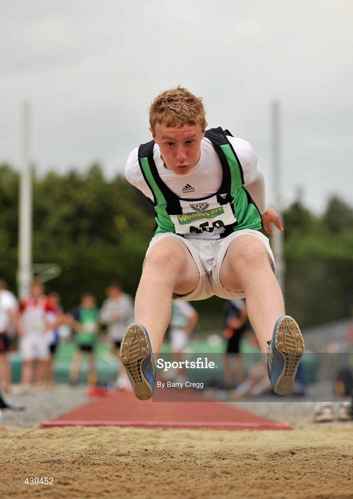 3 July 2010; Josh Mcllroy, Ballymena, Co. Antrim, in action in the U-15 Boy's Long Jump, during the Woodie's DIY AAI Juvenile Track & Field Championships. Tullamore Harriers Stadium, Tullamore, Co. Offaly. Picture credit: Barry Cregg / SPORTSFILE