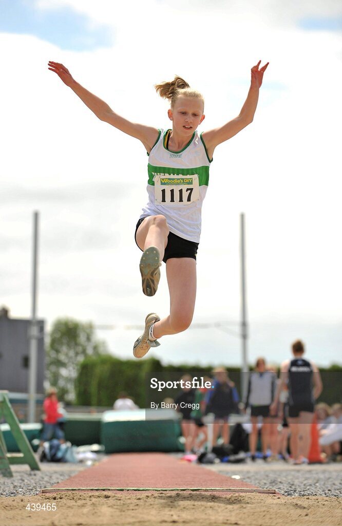 3 July 2010; Roisin Harrision, Emerald, in action in the U-15 Girl's Long Jump, during the Woodie's DIY AAI Juvenile Track & Field Championships. Tullamore Harriers Stadium, Tullamore, Co. Offaly. Picture credit: Barry Cregg / SPORTSFILE