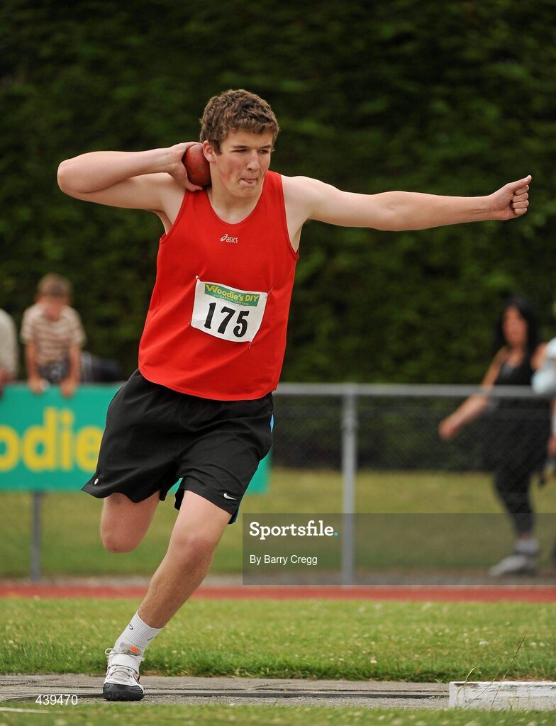 3 July 2010; Michael Kelly, Co. Kildare, in action in the U-18 Boy's Shot Putt, during the Woodie's DIY AAI Juvenile Track & Field Championships. Tullamore Harriers Stadium, Tullamore, Co. Offaly. Picture credit: Barry Cregg / SPORTSFILE
