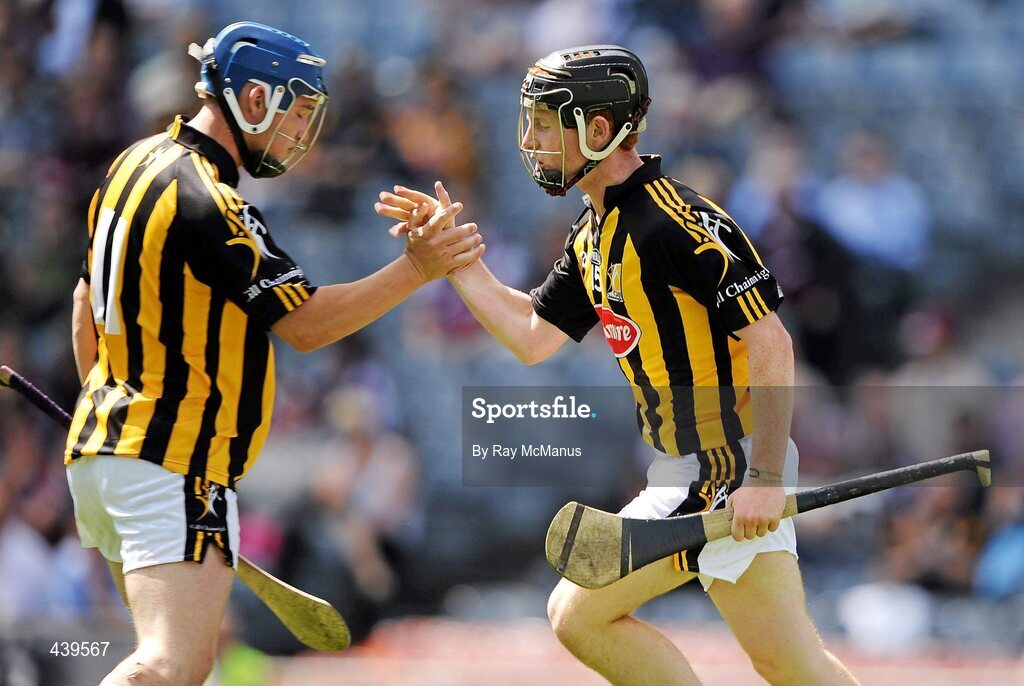 4 July 2010; Thomas O'Hanrahan celebrates with his Kilkenny team-mate Ger Alward, left, after scoring the first goal of the game. ESB Leinster GAA Hurling Minor Championship Final, Dublin v Kilkenny, Croke Park, Dublin. Picture credit: Ray McManus / SPORTSFILE