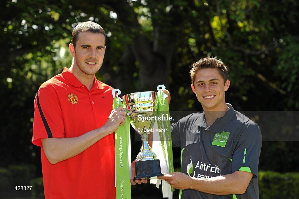 8 July 2010; Manchester United and Republic of Ireland International John O'Shea with St. Patrick's Athletic's Ryan Guy pictured at the ticket launch for the Airtricity Challenge on Wednesday August 4th when a representative Airtricity League XI takes on Manchester United at the Aviva Stadium. The Airtricity Challenge will be the first historic match in the new stadium. Portmarnock Hotel and Golf Links, Portmarnock, Co. Dublin. Picture credit: David Maher / SPORTSFILE