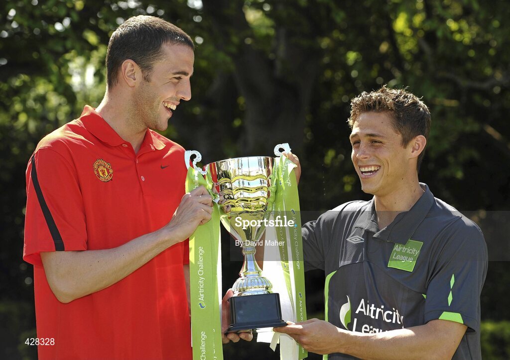 8 July 2010; Manchester United and Republic of Ireland International John O'Shea with St. Patrick's Athletic's Ryan Guy pictured at the ticket launch for the Airtricity Challenge on Wednesday August 4th when a representative Airtricity League XI takes on Manchester United at the Aviva Stadium. The Airtricity Challenge will be the first historic match in the new stadium. Portmarnock Hotel and Golf Links, Portmarnock, Co. Dublin. Picture credit: David Maher / SPORTSFILE