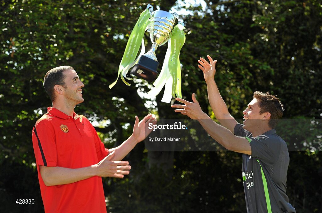 8 July 2010; Manchester United and Republic of Ireland International John O'Shea with St. Patrick's Athletic's Ryan Guy pictured at the ticket launch for the Airtricity Challenge on Wednesday August 4th when a representative Airtricity League XI takes on Manchester United at the Aviva Stadium. The Airtricity Challenge will be the first historic match in the new stadium. Portmarnock Hotel and Golf Links, Portmarnock, Co. Dublin. Picture credit: David Maher / SPORTSFILE