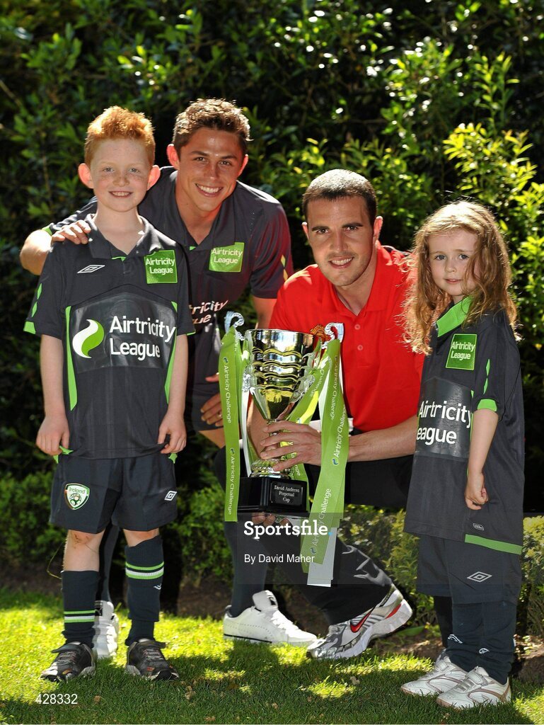 8 July 2010; Manchester United and Republic of Ireland International John O'Shea and St. Patrick's Athletic's Ryan Guy, with Sophie Cooke, age 4, and Dylan Ryan, age 8, both from Bray, Co. Wicklow,  pictured at the ticket launch for the Airtricity Challenge on Wednesday August 4th when a representative Airtricity League XI takes on Manchester United at the Aviva Stadium. The Airtricity Challenge will be the first historic match in the new stadium. Portmarnock Hotel and Golf Links, Portmarnock, Co. Dublin. Picture credit: David Maher / SPORTSFILE *