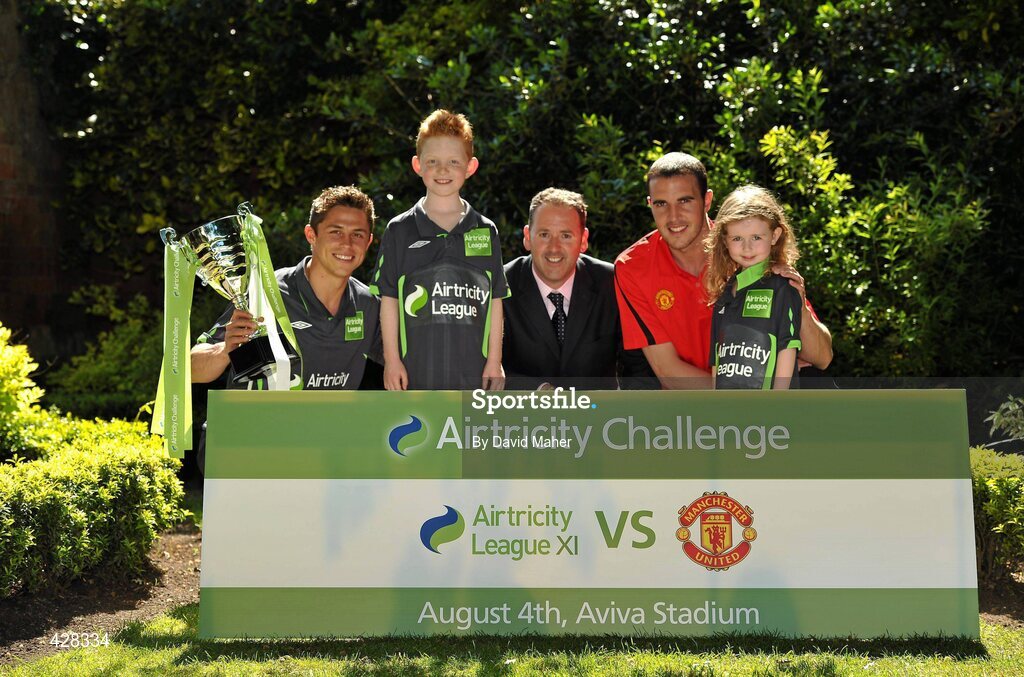 8 July 2010; Manchester United and Republic of Ireland International John O'Shea, St. Patrick's Athletic's Ryan Guy and Airtricity Supply Managing Director Kevin Greenhorn with children Sophie Cooke, age 4, and Dylan Ryan, age 8, both from Bray, Co. Wicklow, pictured at the ticket launch for the Airtricity Challenge on Wednesday August 4th when a representative Airtricity League XI takes on Manchester United at the Aviva Stadium. The Airtricity Challenge will be the first historic match in the new stadium. Portmarnock Hotel and Golf Links, Portmarnock, Co. Dublin. Picture credit: David Maher / SPORTSFILE