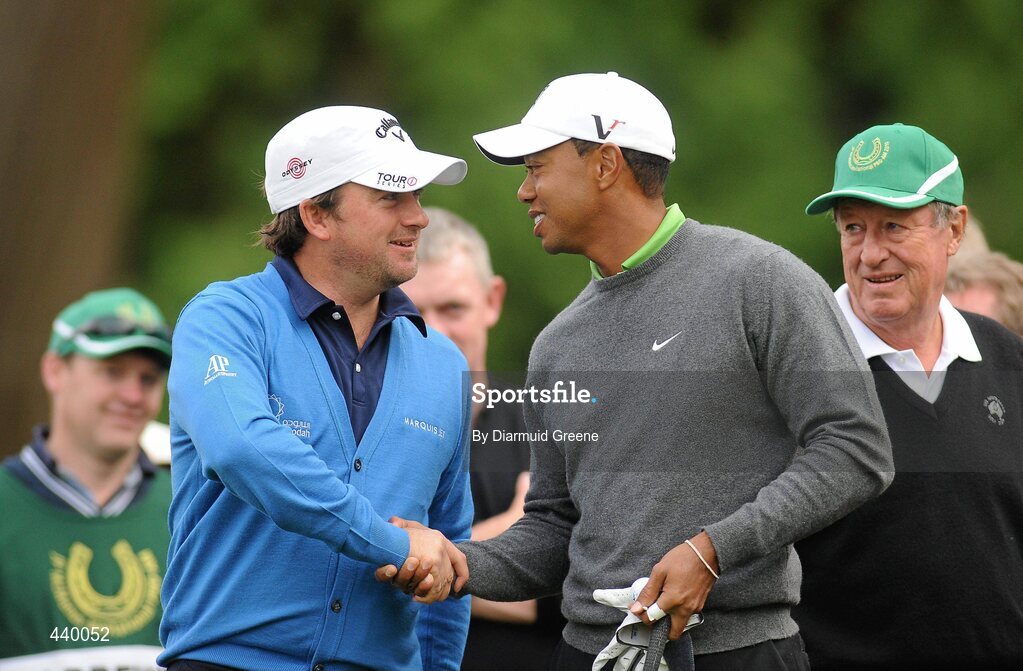 6 July 2010; Graeme McDowell, left, and Tiger Woods exchange a handshake before their morning rounds at the JP McManus Invitational Pro-Am. Adare Manor, Adare, Co. Limerick. Picture credit: Diarmuid Greene / SPORTSFILE