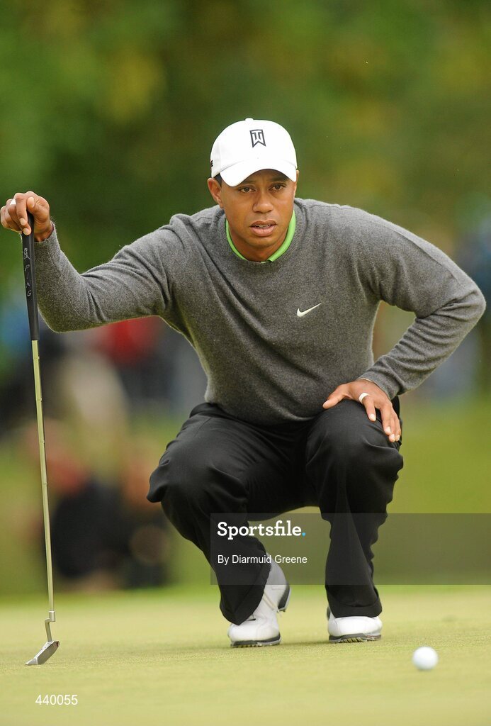 6 July 2010; Tiger Woods lines up his putt on the 3rd green during the JP McManus Invitational Pro-Am. Adare Manor, Adare, Co. Limerick. Picture credit: Diarmuid Greene / SPORTSFILE