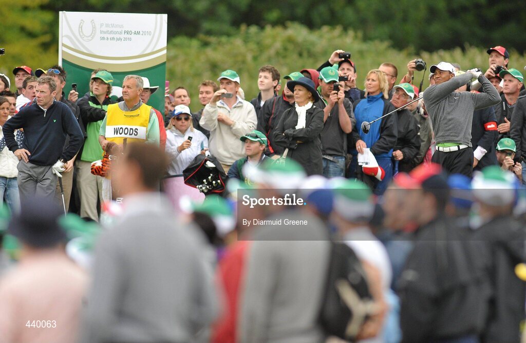 6 July 2010; Tiger Woods watches his drive from the 9th tee box during the JP McManus Invitational Pro-Am. Adare Manor, Adare, Co. Limerick. Picture credit: Diarmuid Greene / SPORTSFILE