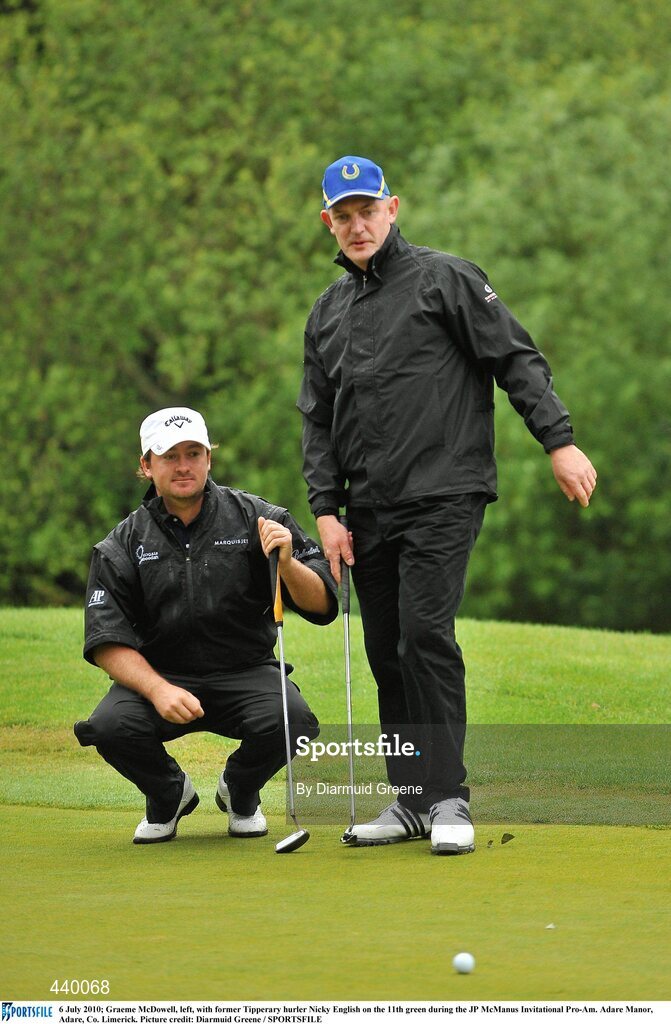 6 July 2010; Graeme McDowell, left, with former Tipperary hurler Nicky English on the 11th green during the JP McManus Invitational Pro-Am. Adare Manor, Adare, Co. Limerick. Picture credit: Diarmuid Greene / SPORTSFILE
