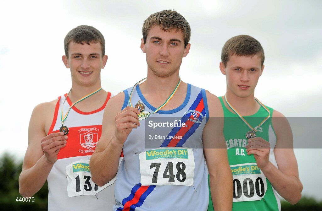4 July 2010; Winner of the U18 Boy's 400m Joseph Dowling, Dundrum South Dublin, centre, with second place Ronan Kelly, Galway City Harriers, left, and third place James Greene, Ferrybank, during the Woodie's DIY AAI Juvenile Track & Field Championships. Tullamore Harriers Stadium, Tullamore, Co. Offaly. Picture credit: Brian Lawless / SPORTSFILE
