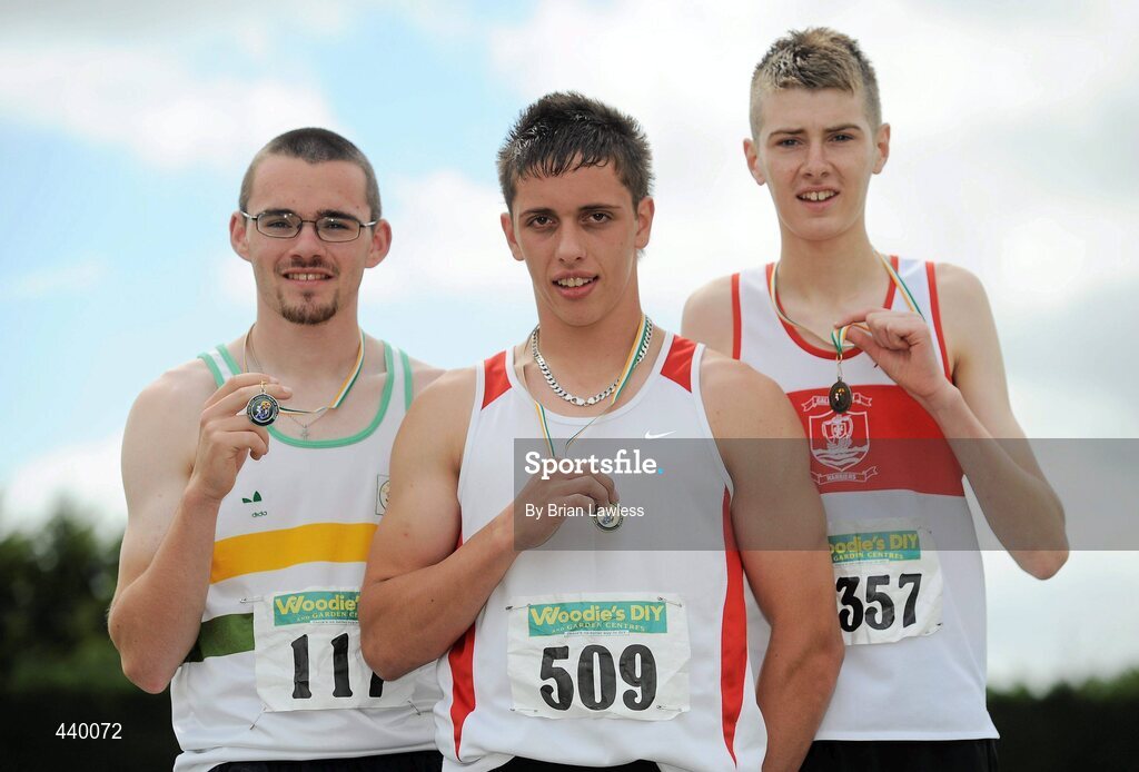 4 July 2010; Winner of the U17 Boy's Triple Jump Jason White, Devenish College, centre, with second place Conor Daly, St. Abbans, left, and third place Kevin Dooley, Galway City Harriers, during the Woodie's DIY AAI Juvenile Track & Field Championships. Tullamore Harriers Stadium, Tullamore, Co. Offaly. Picture credit: Brian Lawless / SPORTSFILE